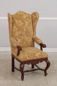 French Oak Carved Wing Back Chairs with Damask Upholstery, Circa 2000s