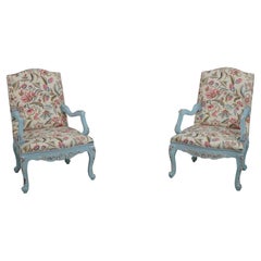 Pair of French Provincial Blue Frame Open Arm Chairs - New Upholstery