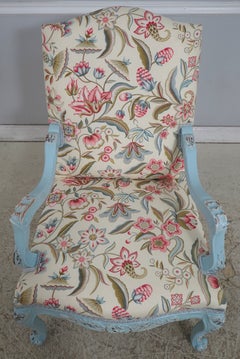 Pair of French Provincial Blue Frame Open Arm Chairs - New Upholstery