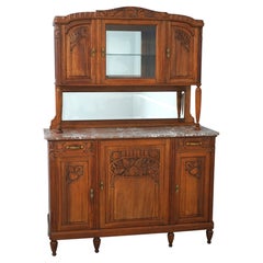 French Art Nouveau Carved Walnut Marble Top Buffet Cabinet, c.1880