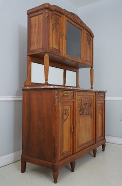 French Art Nouveau Carved Walnut Marble Top Buffet Cabinet, c.1880