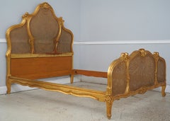 Antique Gold Gilt Queen Size Cane Back Bed, French Design, Circa 1900s