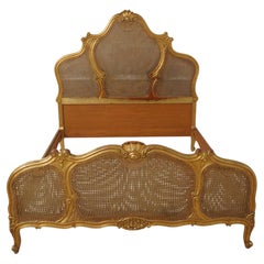 Antique Gold Gilt Queen Size Cane Back Bed, French Design, Circa 1900s