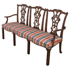 Antique English Chippendale Triple Settee, Carved Wood, Circa 1860-1900