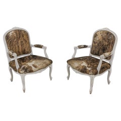 Pair of Louis XV Style Open Armchairs with Natural Hide Upholstery