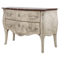 French Style Chinoiserie Carved Marble Top Commode Chest