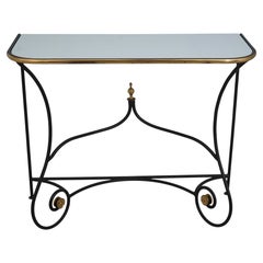 Wrought Iron & Brass Base Milk Glass Top Console Table