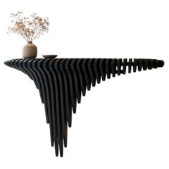 Black console table made of birch plywood, finished and hand-painted