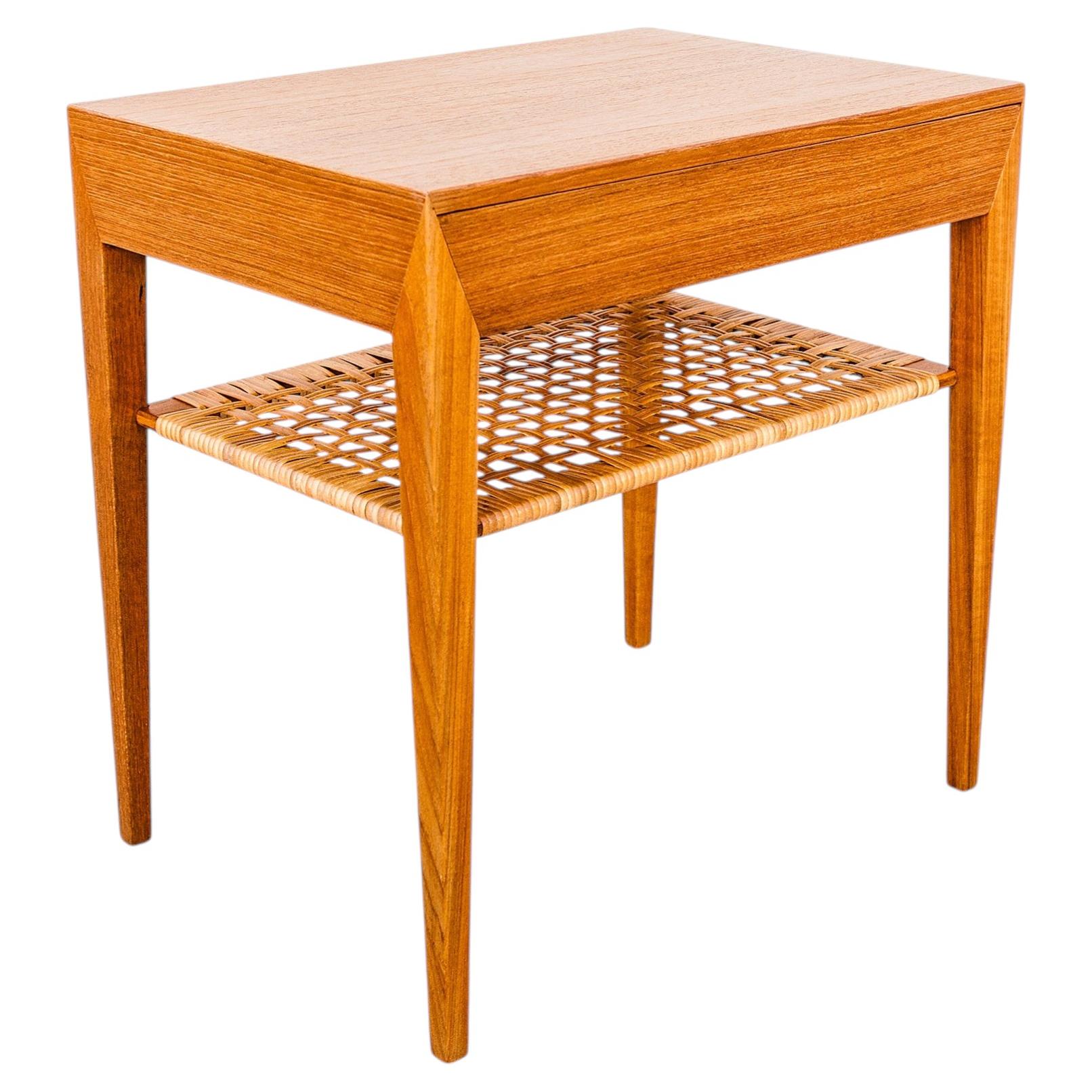 Restored Teak & Cane Side Table / Nightstand by Haslev, Denmark 1960s For Sale
