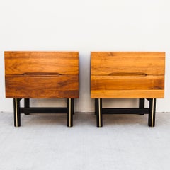 1960s Mid Century Modern Solid Walnut Two Drawer Nightstands with Sculpted Pulls