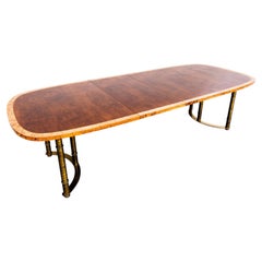 Restored 1970s Burl & Brass Mastercraft Dining Table with Two Leaves
