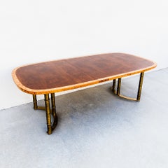 Restored 1970s Burl & Brass Mastercraft Dining Table with Two Leaves