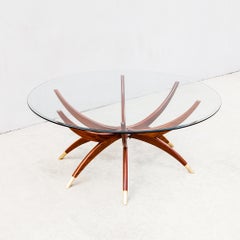 Restored Mid Century Solid Mahogany Spider Coffee Table with Brass Accents