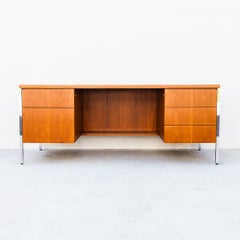 Vintage Mid Century Modern Teak & Chrome Executive Desk after Florence Knoll