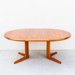 Restored Danish Modern Teak Pedestal Base Dining Table with Two Extensions
