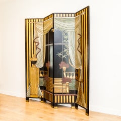 1960s Hollywood Regency Chinoiserie Black Lacquer & Gilt Four-Panel Room Divider
