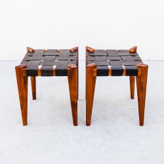 Vintage 1960s Sculptural Stools in Solid Teak & Saddle Leather by Edmond Spence