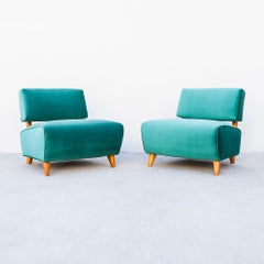 Fauteuils « slipper » français Art déco des années 1930, en velours et bois d’orme, restaurés d’après Paul Laszlo