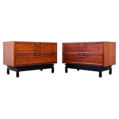 American of Martinsville Walnut & Brass Two Drawer Commodes / Nightstands