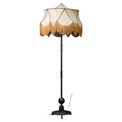 Unique Piece Bronze Floor Lamp with Fringed painted Silk Shade, 1910 period