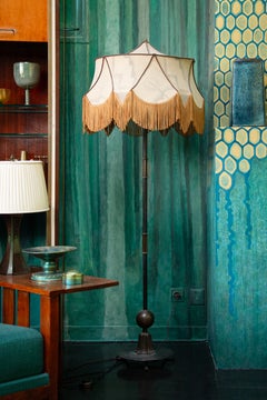 Unique Piece Bronze Floor Lamp with Fringed painted Silk Shade, 1910 period