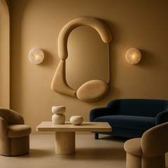Contemporary sculptural wall mirror upholstered in beige velvet