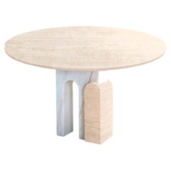 Sculptural Round Dining Table in Estremoz Marble and Travertine by Sergio Prieto