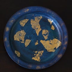 Contemporary Chinese Lacquer Plate — Deep Blue with Gold Leaf