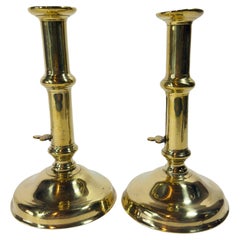 Pair of English Queen Anne Cannon Barrel Brass 18th Century Candlesticks