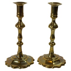 Pair of 18th Century English Brass Scallop Base Queen Anne Candlesticks