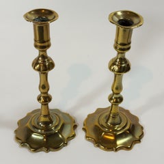 Pair of 18th Century English Brass Scallop Base Queen Anne Candlesticks