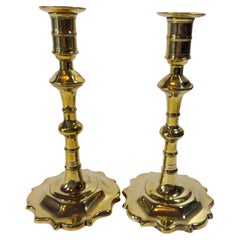 Pair Of 18th Century English Brass Scallop Base Queen Anne Candlesticks