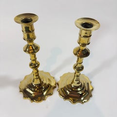 Pair Of 18th Century English Brass Scallop Base Queen Anne Candlesticks