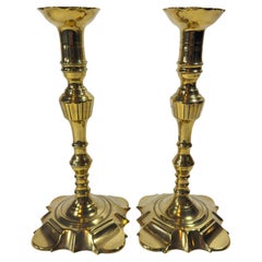 Pair Of Very Tall 18th Century English Brass Queen Anne Petal Base Candlesticks