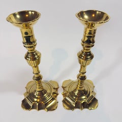 Pair Of Very Tall 18th Century English Brass Queen Anne Petal Base Candlesticks