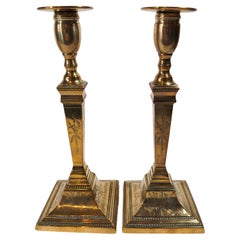 Pair Of Rare 18th Century Engraved English Gunmetal Candlesticks