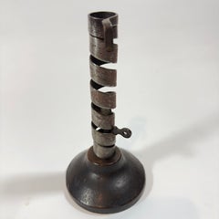 Single French Wrought Iton and Wood Base Wind Up Candlestick