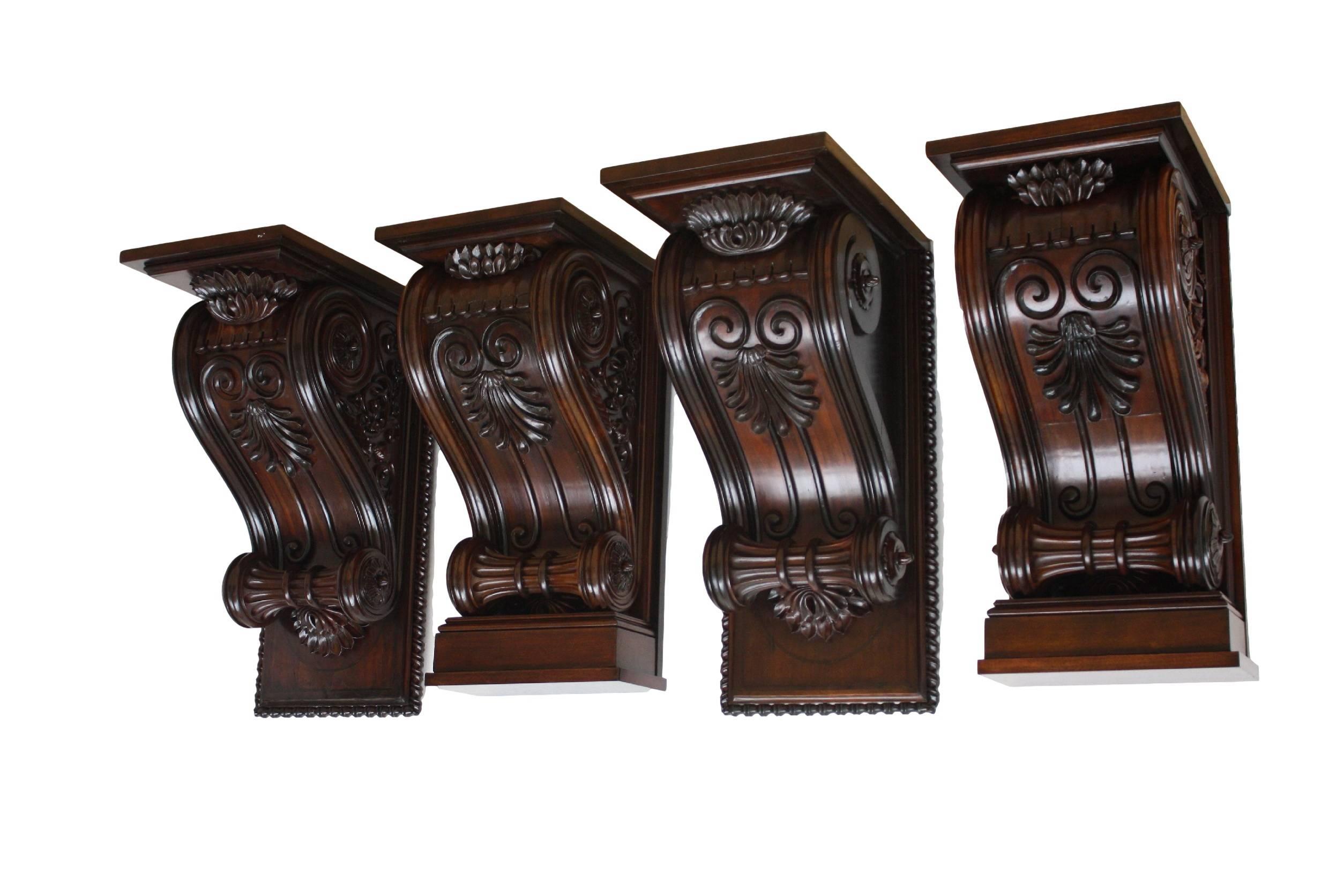 Four pieces, two pairs carved wall consoles or wall pedestals. Nut wood, well carved,
Austrian "Gründerzeit" around 1870, come out from a Vienna Palace.
Measures: One pair H 85 cm, D 53, 5 cm, W 41 cm.
One pair H 81 cm, D 45 cm, W 41