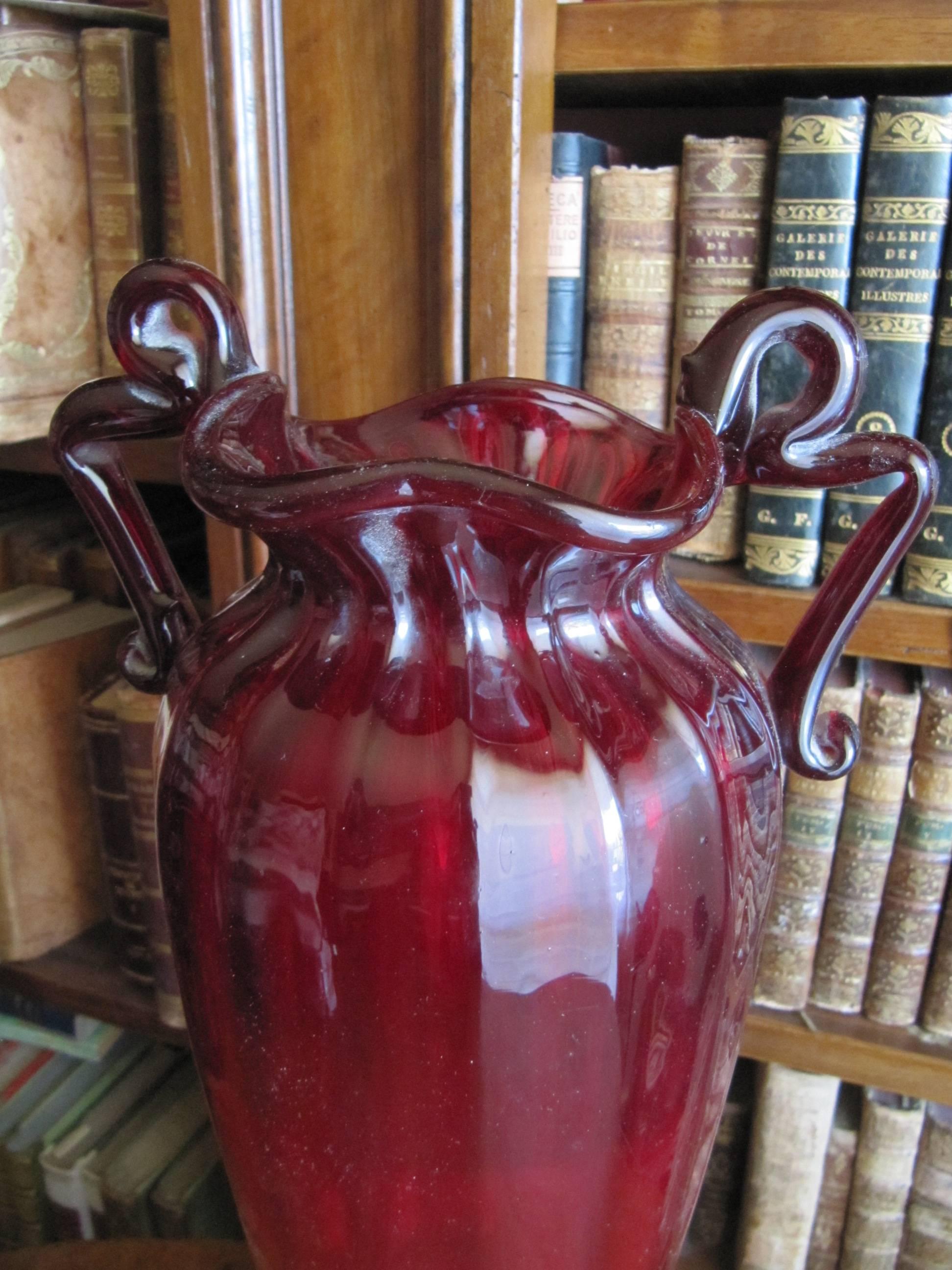 Antique Vase Made of Blown Glass Ruby Red 
ribbed, strangled in the middle 
fully intact