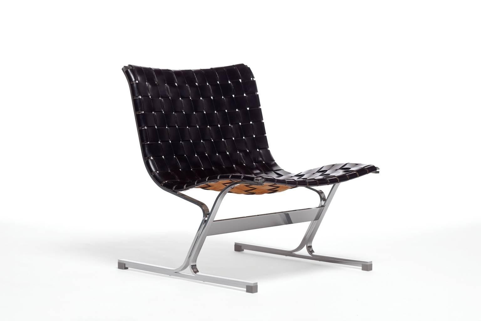 Beautiful Black Leather Lounge Chair model PLR 1 by Ross Littell for ICF Italy, 1967. High quality chromed steel and the original thick woven leather strings with a great Patina. Excellent original condition.
