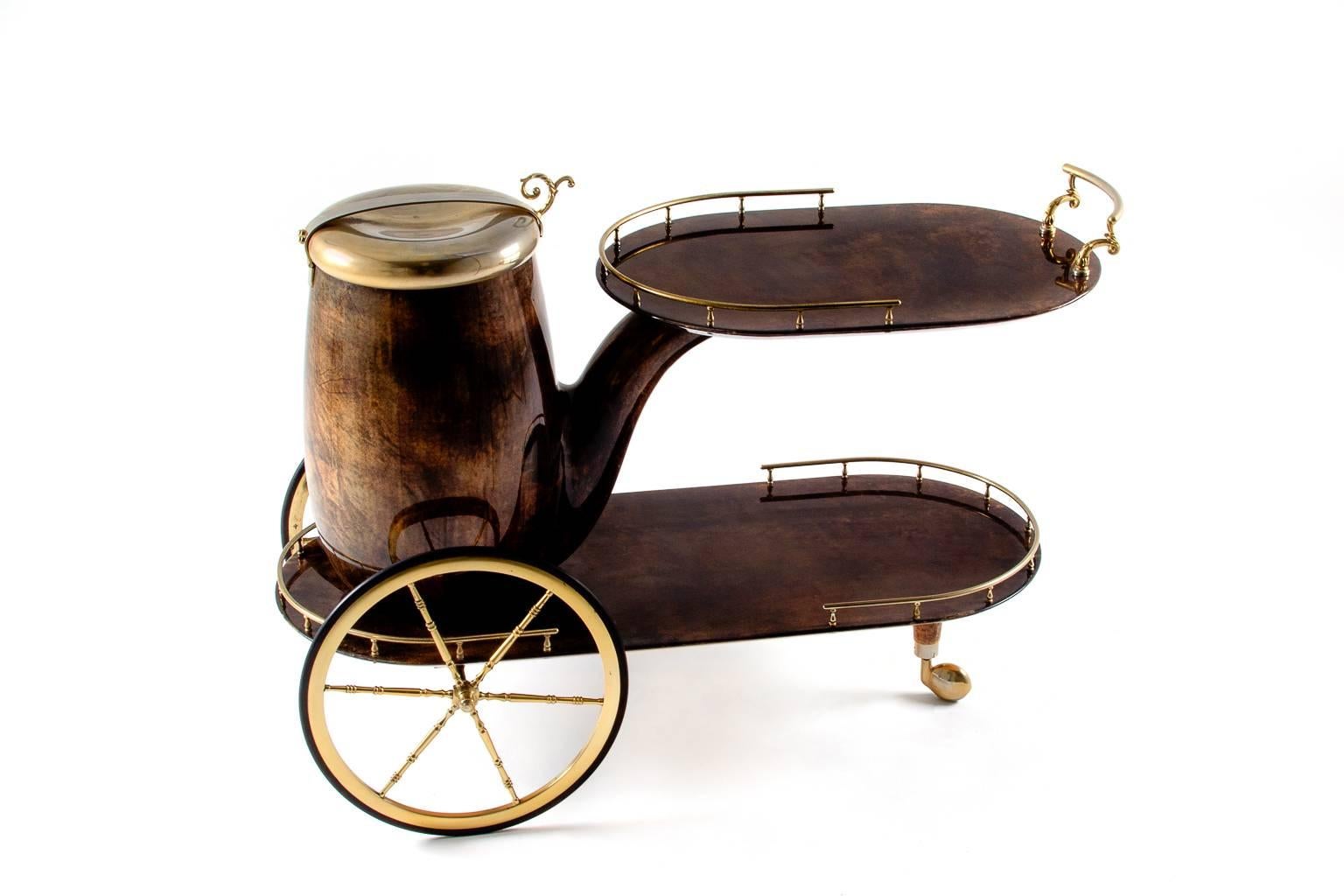 Mid-Century Modern Aldo Tura 'Pipe' Bar Cart in Lacquered Goatskin