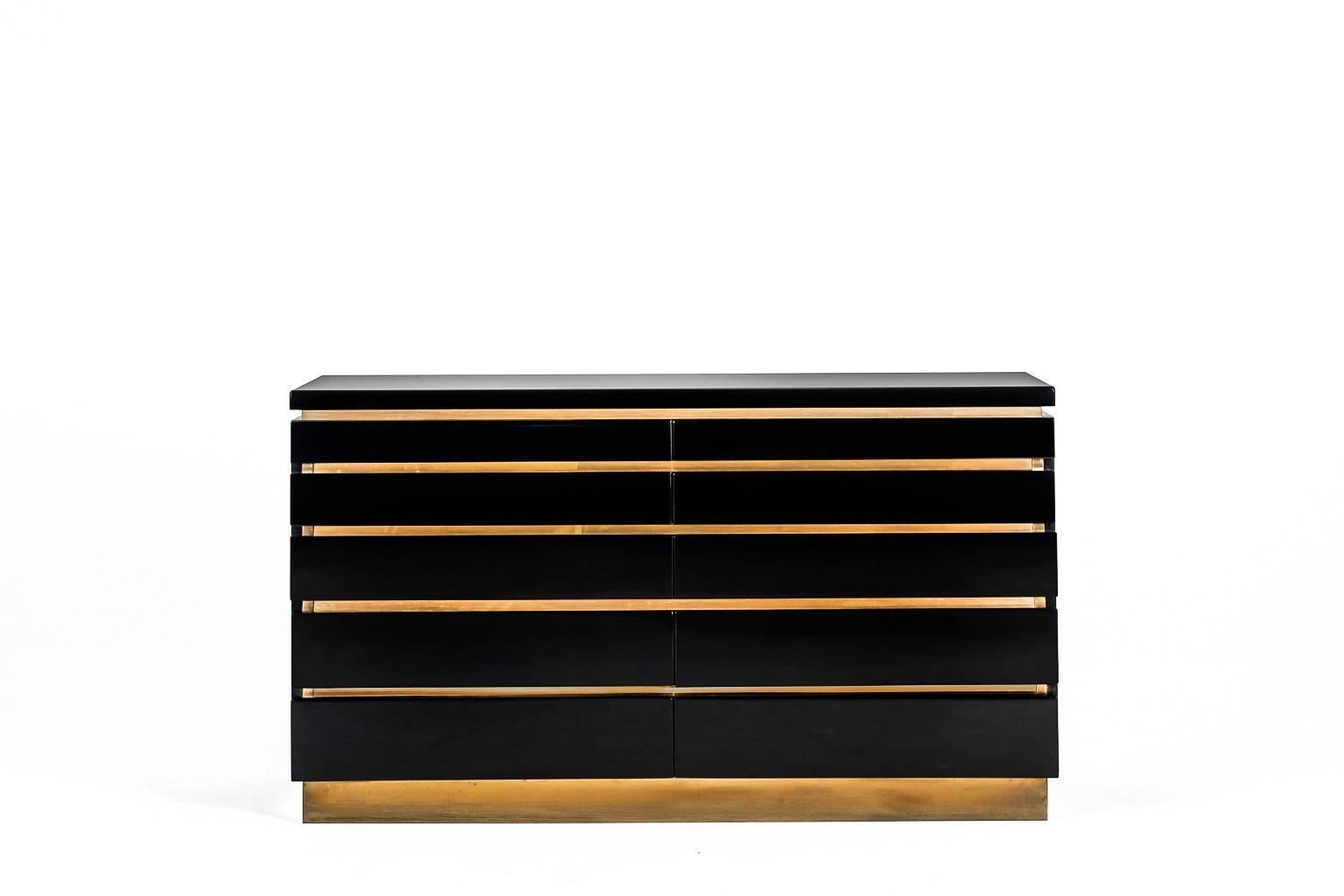 Hollywood Regency Black Lacquered Chest of Drawers by Jean Claude Mahey