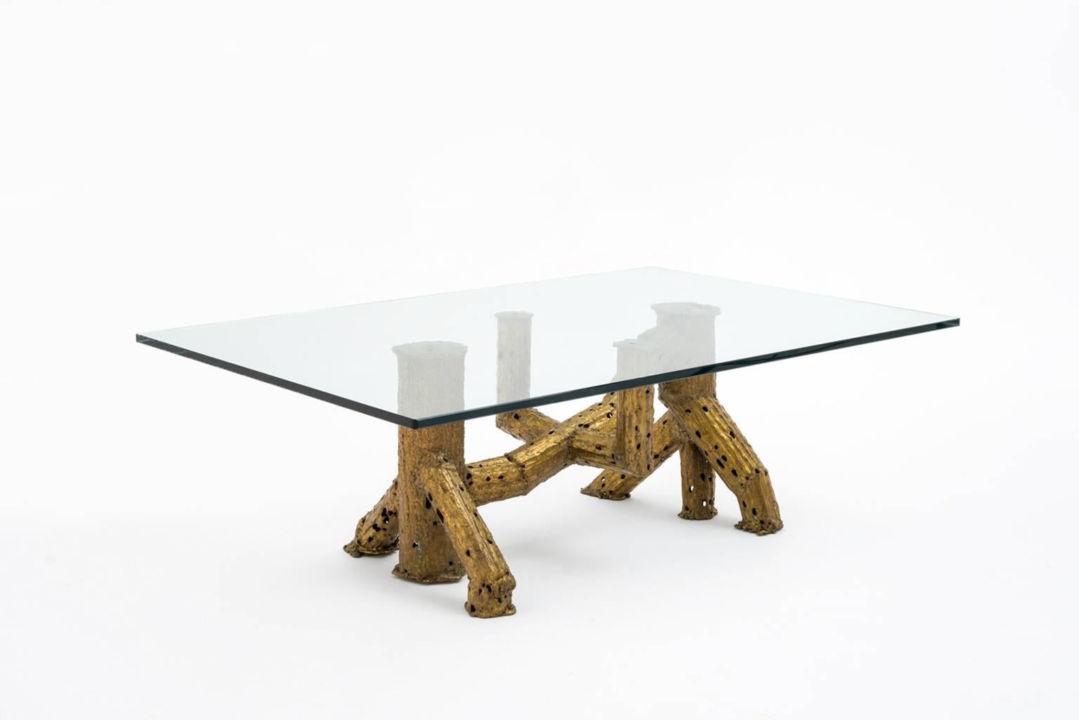 Sculptural gilded brass coffee table by Artist Paul Moerenhout, Belgium, circa 1970. Unique piece. The sculptural base is made of abstracted trunks of a cactus with beautiful details of artistic expression. In excellent condition.