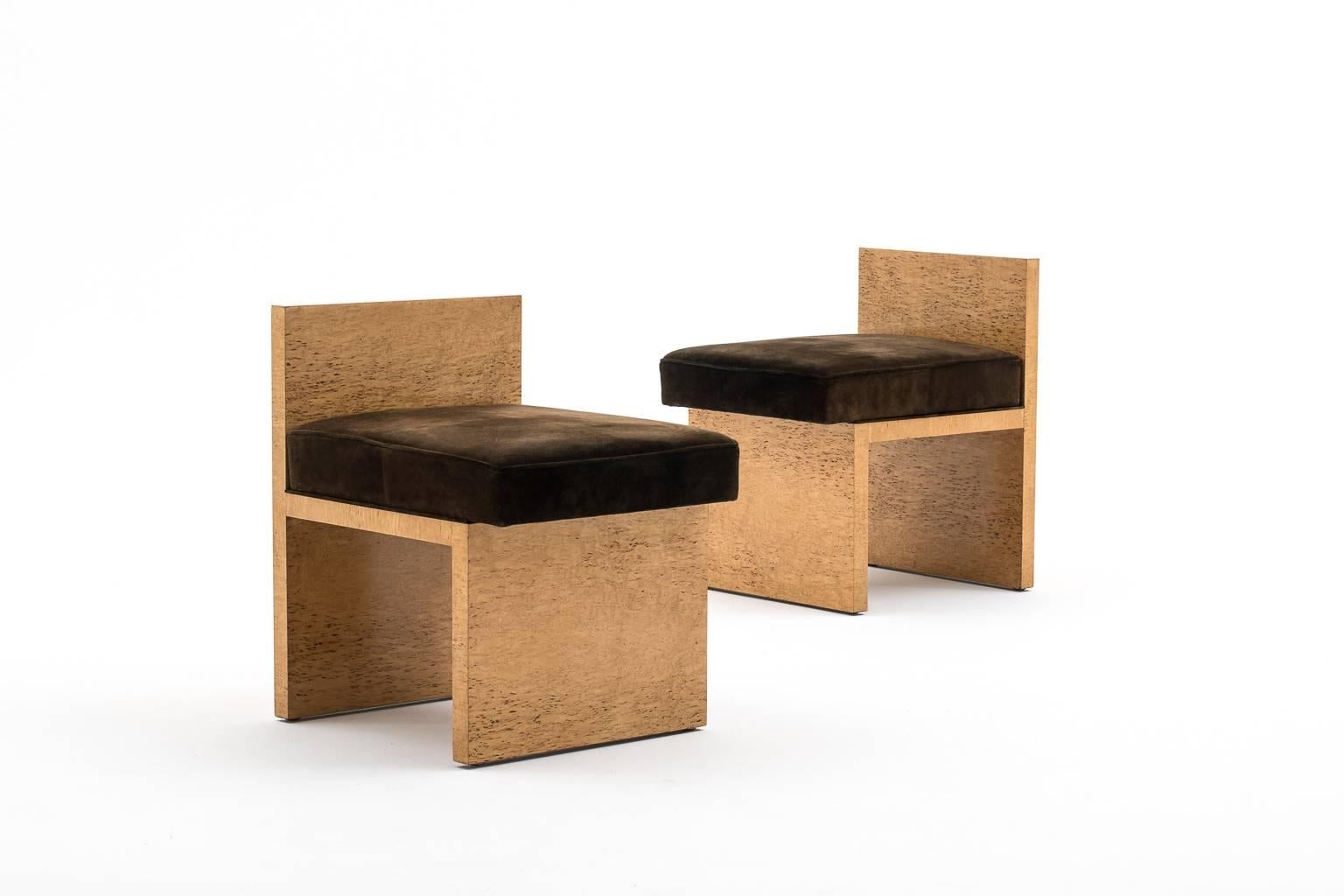 Exceptional and unique pair of French Modernist ‘Chauffeuses’, 1950s. Made from birch veneer, cushions are covered with the original dark brown suede which shows a beautiful patina.