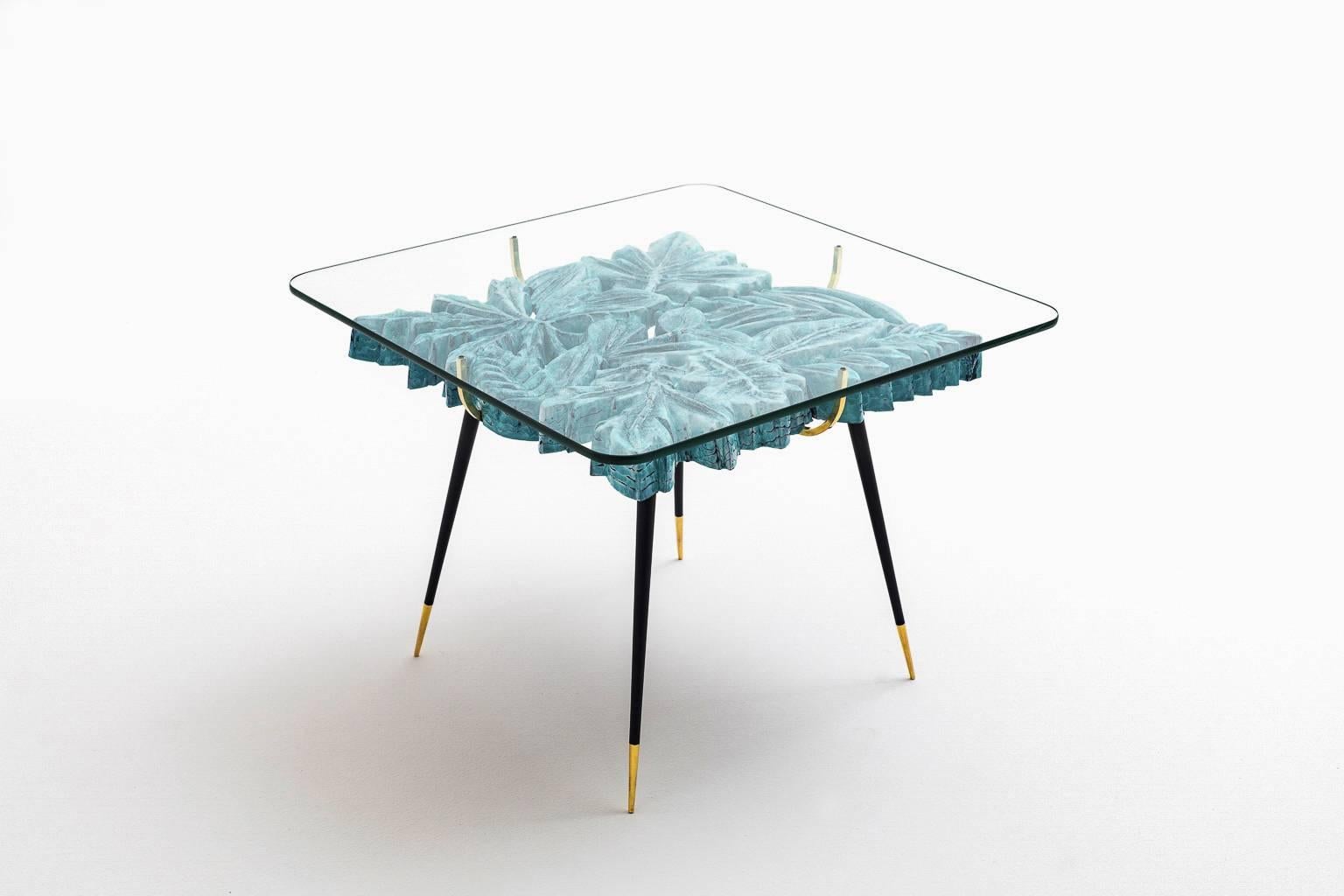 Beautiful occasional table in enameled ceramic by San Polo, Venice Italy 1950s made from the most wonderful handcrafted ceramics in the form of leaves in splendid colors. Nice contrast with the very elegant legs in black lacquer with chic brass