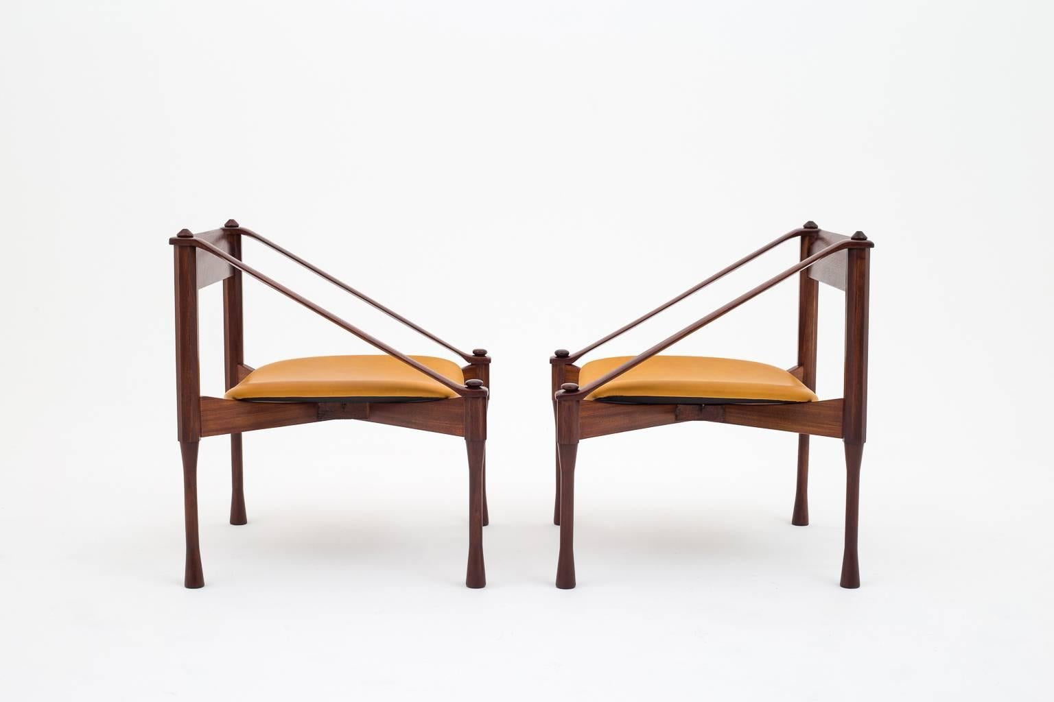 Leather Wood and leather Italian Midcentury Armchairs by Giulio Moscatelli, 1960s