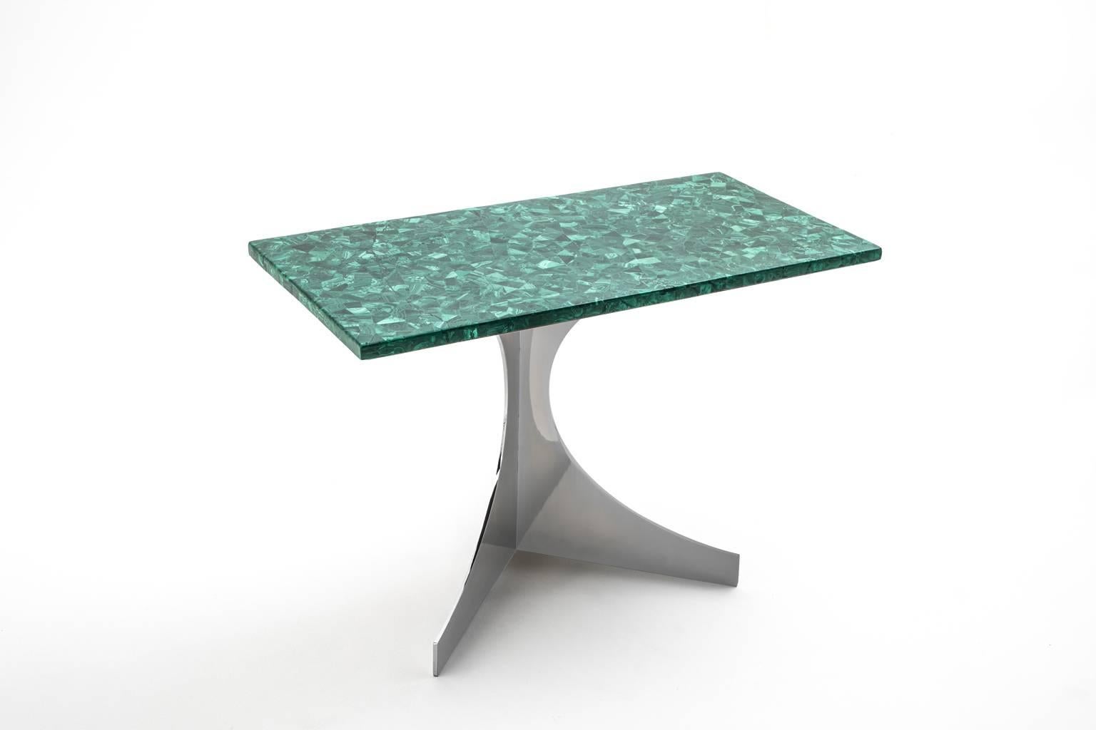 Stunning malachite side table by N. Effront, France, 1970.
Sculptural chrome-plated metal base with a marvellous Malachite top compiled from small pieces of Malachite. In excellent condition.
   