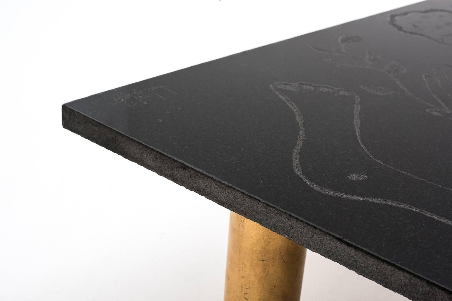 Mid-Century Modern Artistic Engraved Black Granite and Gild Midcentury Coffee Table by Guy de Jong