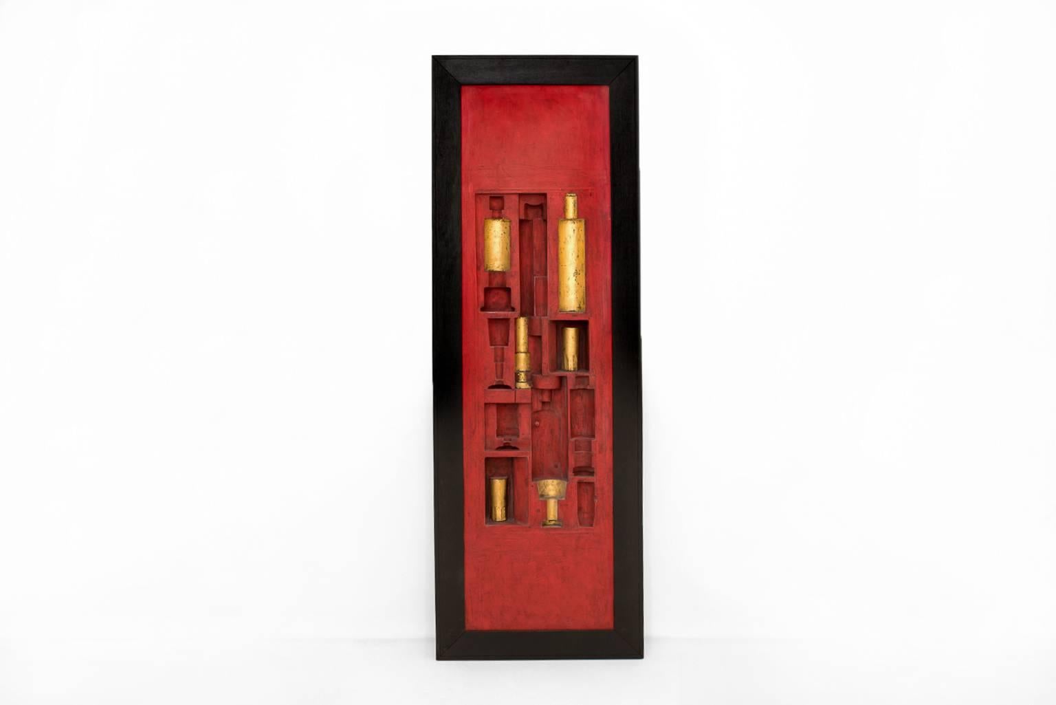 Unique wall panel by Victor Cerrato, Italy, 1967. The wooden panel shows different shapes of glasses and bottles, it's finished with thick layers of red lacquer some and gold leaf. The artwork is made with professional precision but finished in
