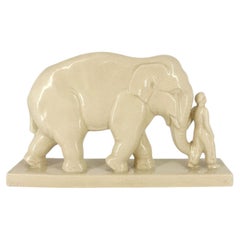 1930s French Art Deco Elephant & Mahout Ceramic Sculpture by Stef